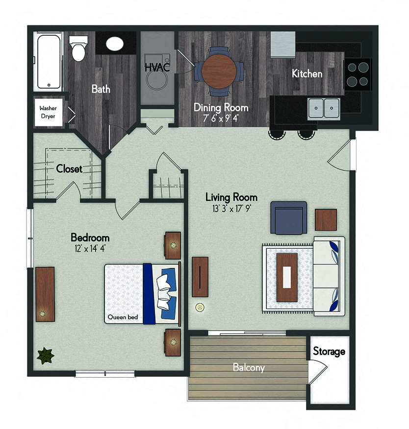 Floor plan for 1 bed, 1 bath, 812 sqft